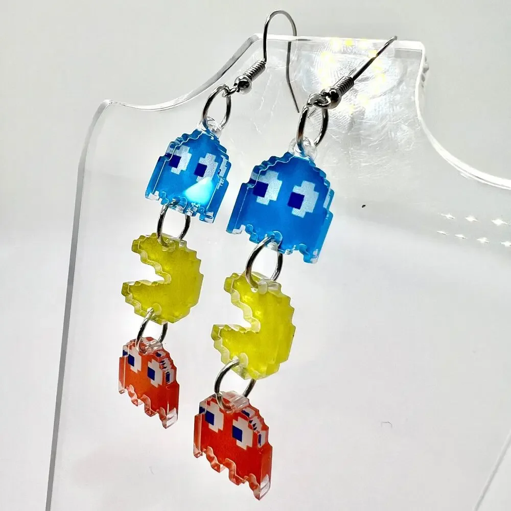 Pacman Earrings - Retro Arcade Dangle Jewelry - Fun Colorful Gamer Style - Picture 5 of 8